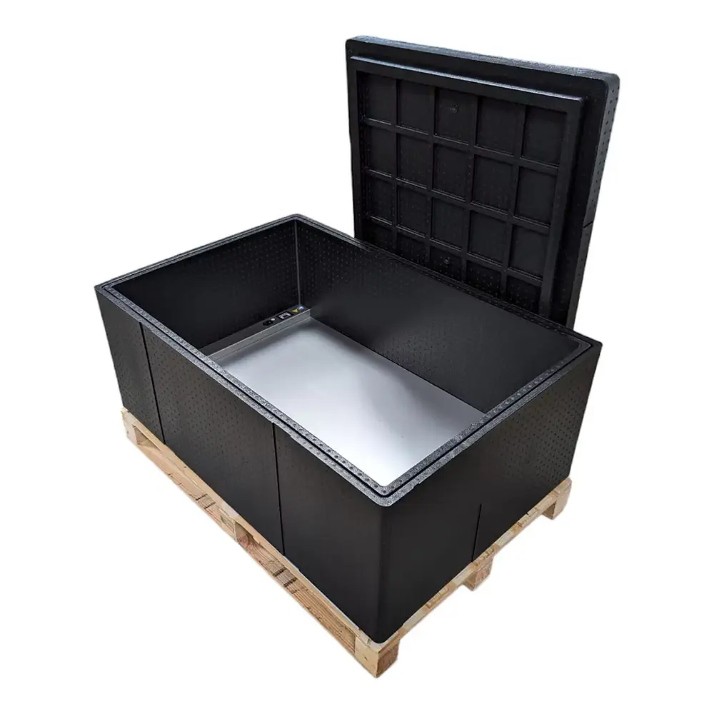 Palettenheizbox mit offenem Deckel und Edelstahl-Bodenplatte